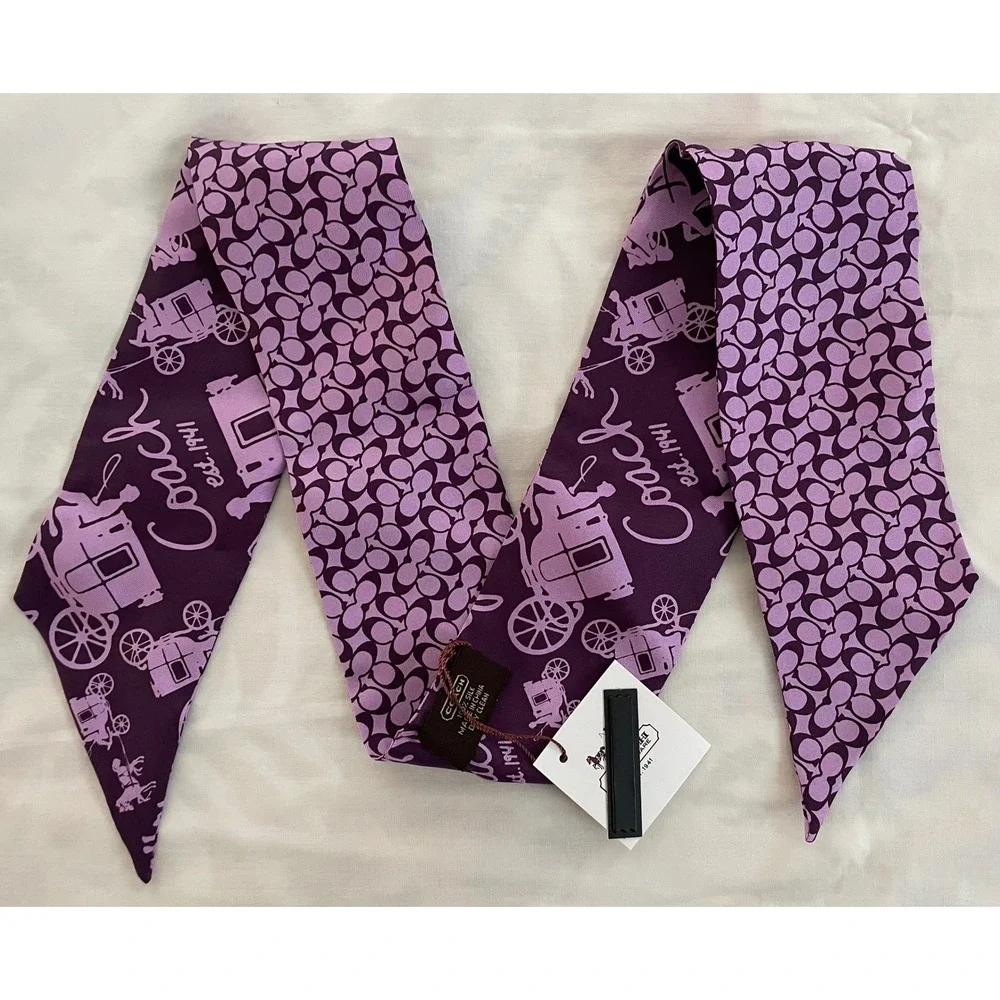 Coach Monogram C Horse Carriage Silk Skinny Scarf Purple Bag Accessory Y2K NEW - Picture 8 of 9